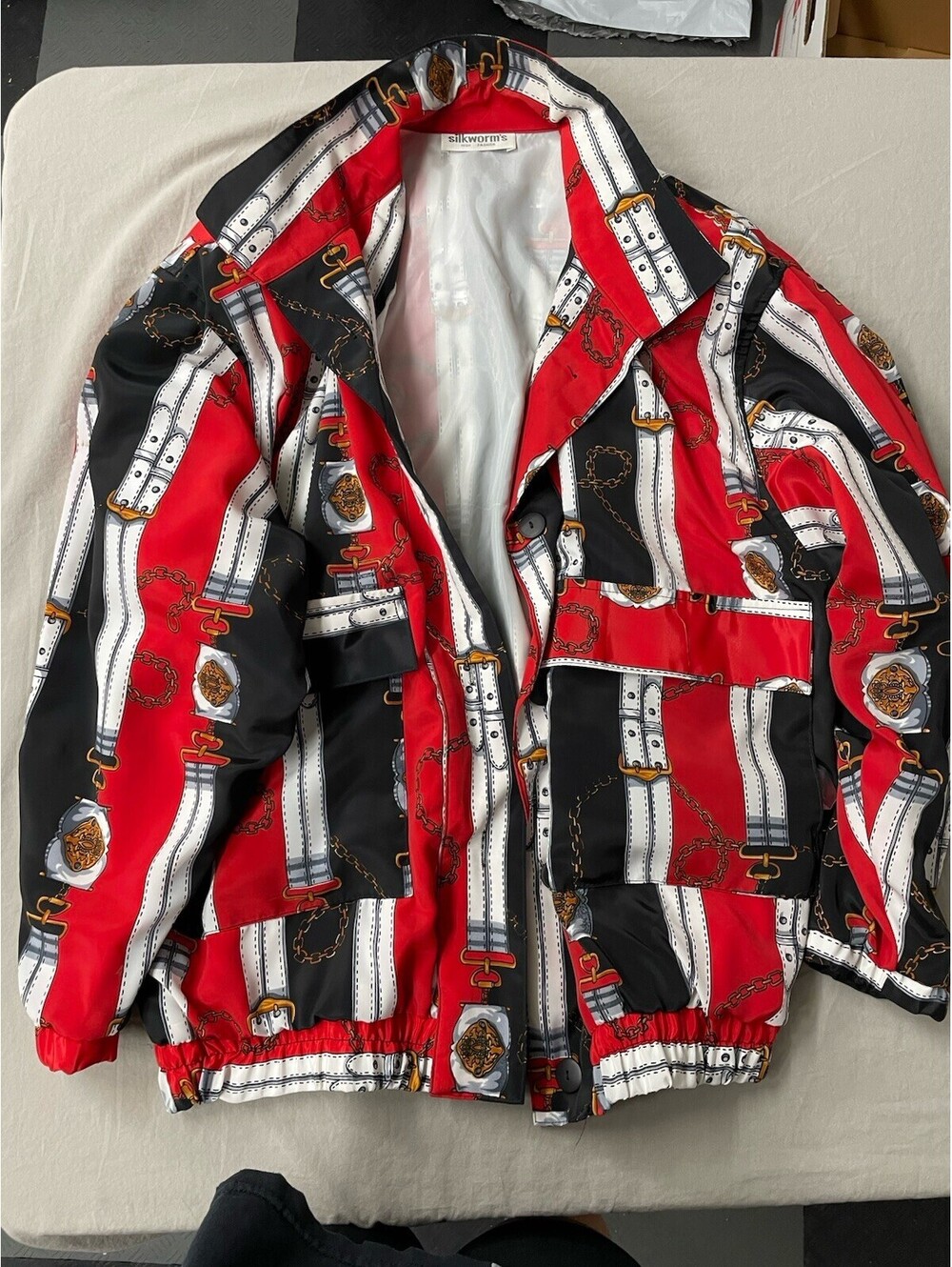 silkworms Women’s Bomber Jacket Chain Print Full Zip Red Black Gold